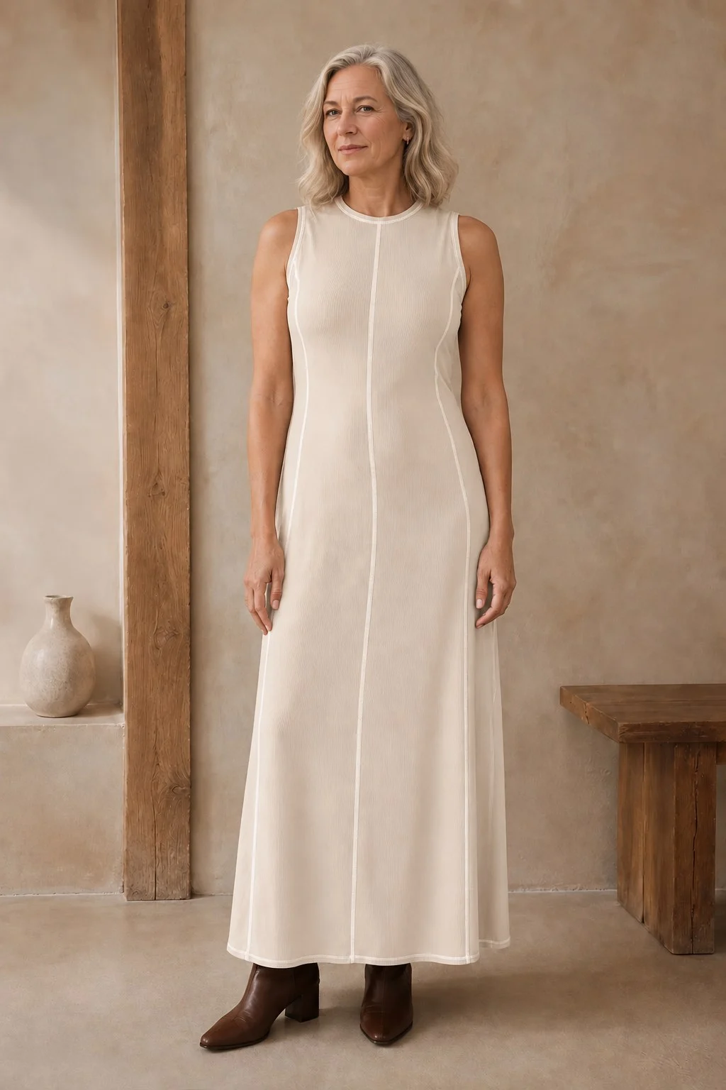 Léda | Cotton Linen Rib Knit Maxi Dress – beige