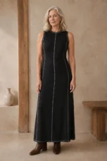 Léda | Cotton Linen Rib Knit Maxi Dress – black