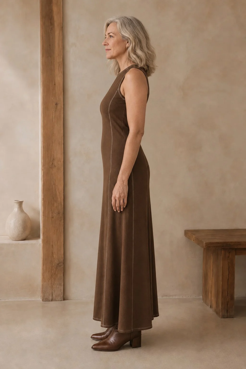 Léda | Cotton Linen Rib Knit Maxi Dress – khaki side