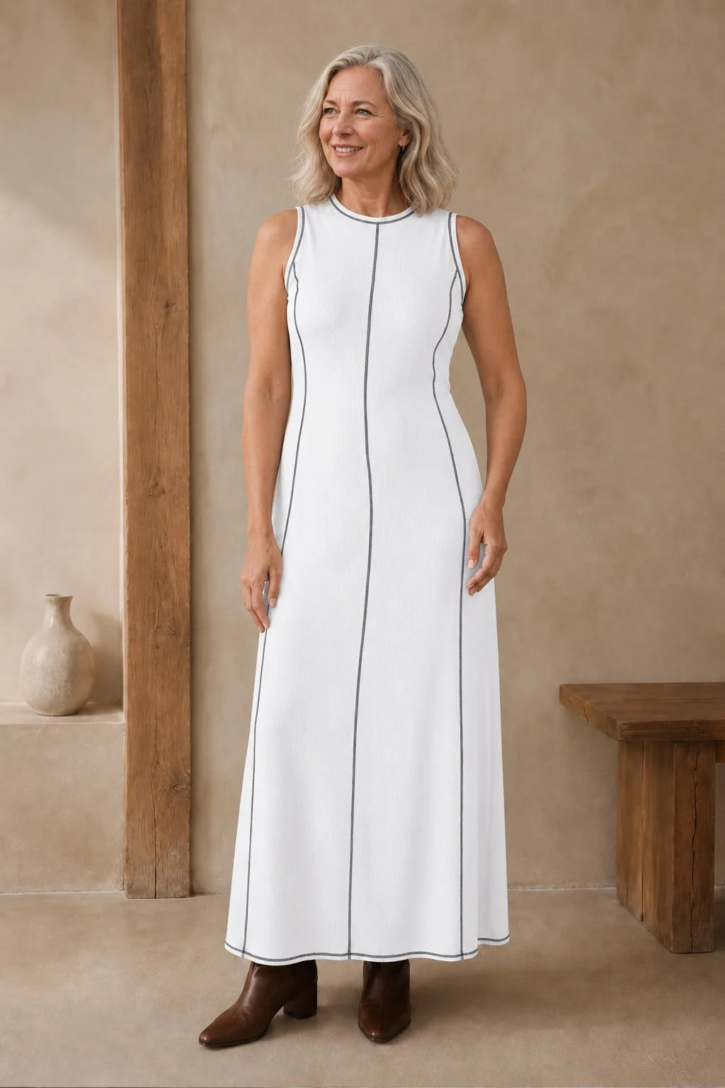 Léda | Cotton Linen Rib Knit Maxi Dress – white