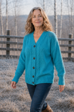 Lena Blue cable knit button cardigan, outdoor editorial photograph