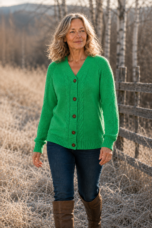 Lena cable knit button cardigan in green, outdoor editorial photograph