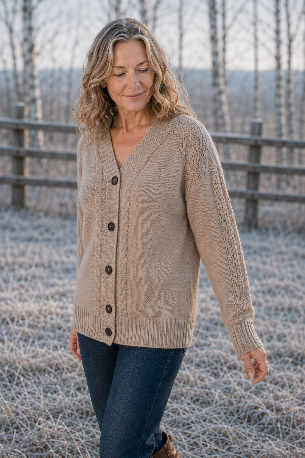 Lena Khaki cable knit button cardigan, outdoor editorial photograph