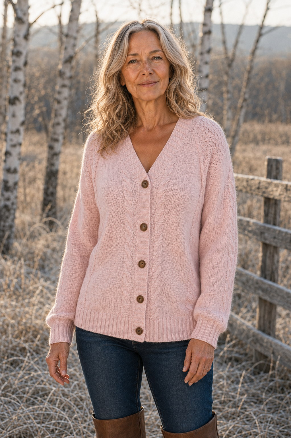 Lena cable knit button cardigan in light pink, outdoor editorial photograph