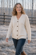 Lena White cable knit button cardigan, outdoor editorial photograph