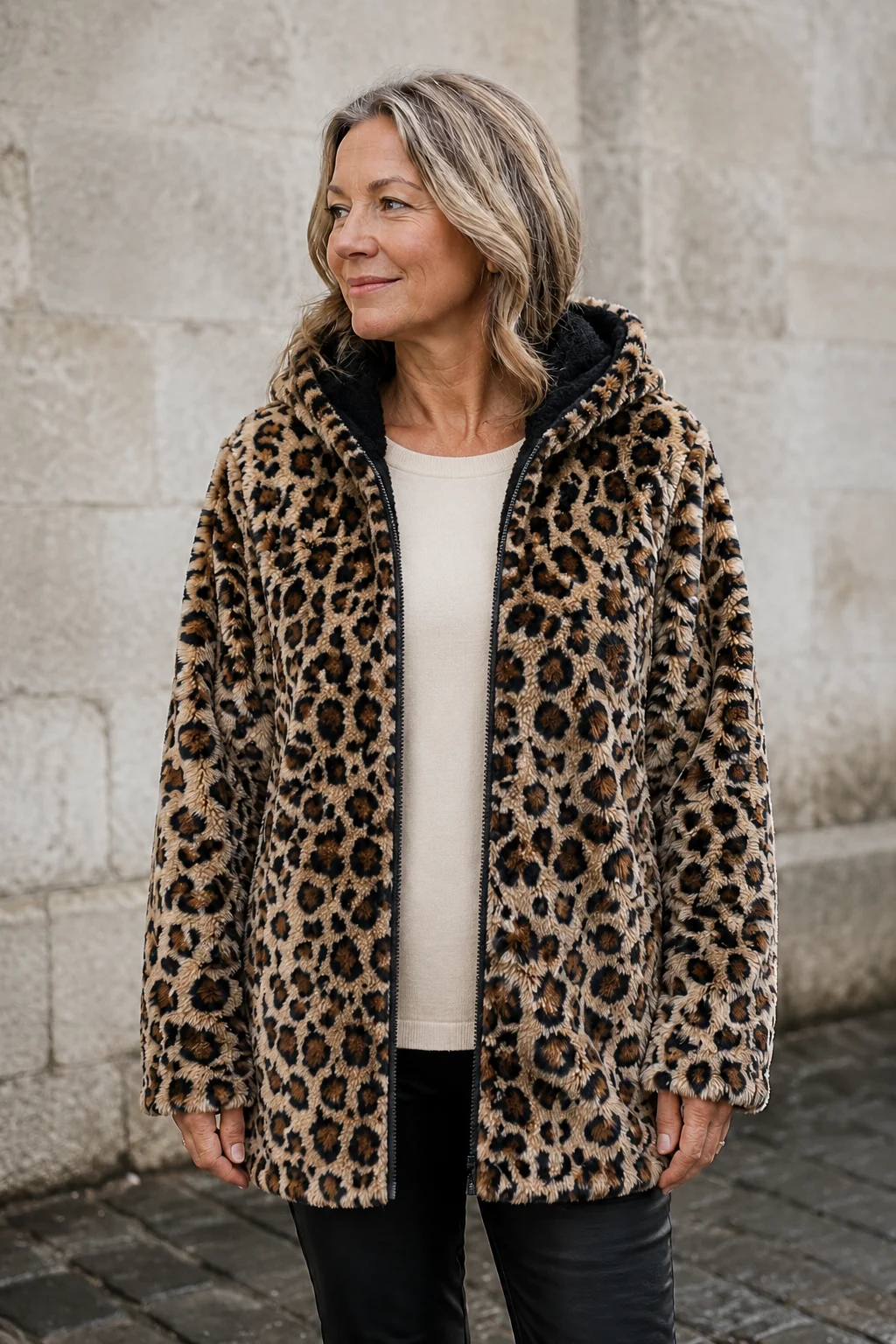 Elegante hoodie voor dames met lange mouwen en luipaardprint - herfst/wintercollectie open