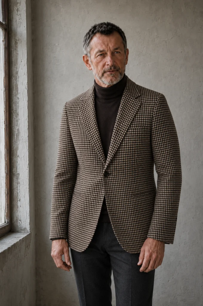 Wool tweed houndstooth blazer torso view with natural hands