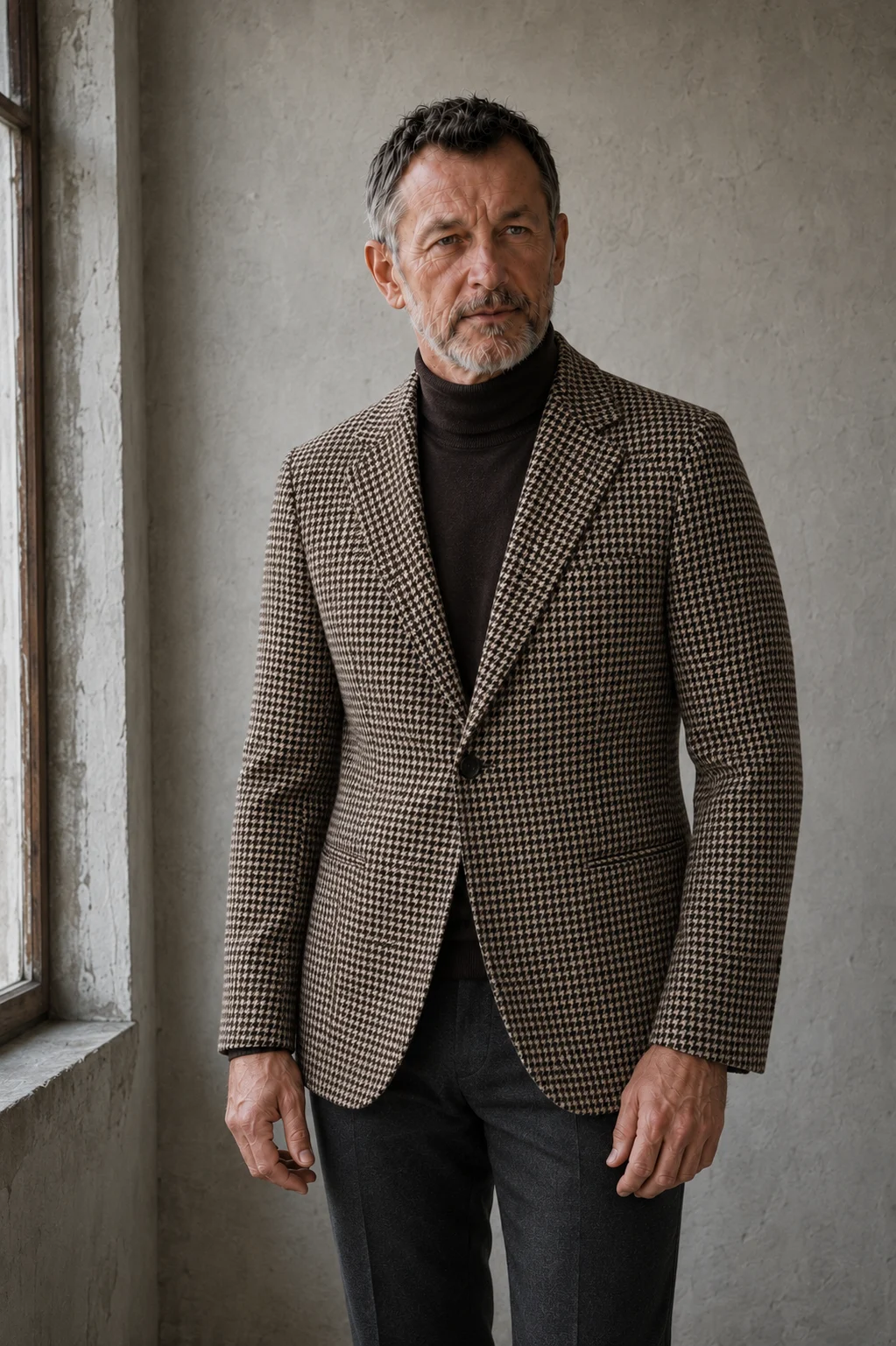 Wool tweed houndstooth blazer torso view with natural hands
