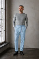 Linen Blend Drawstring Trousers - blue hero