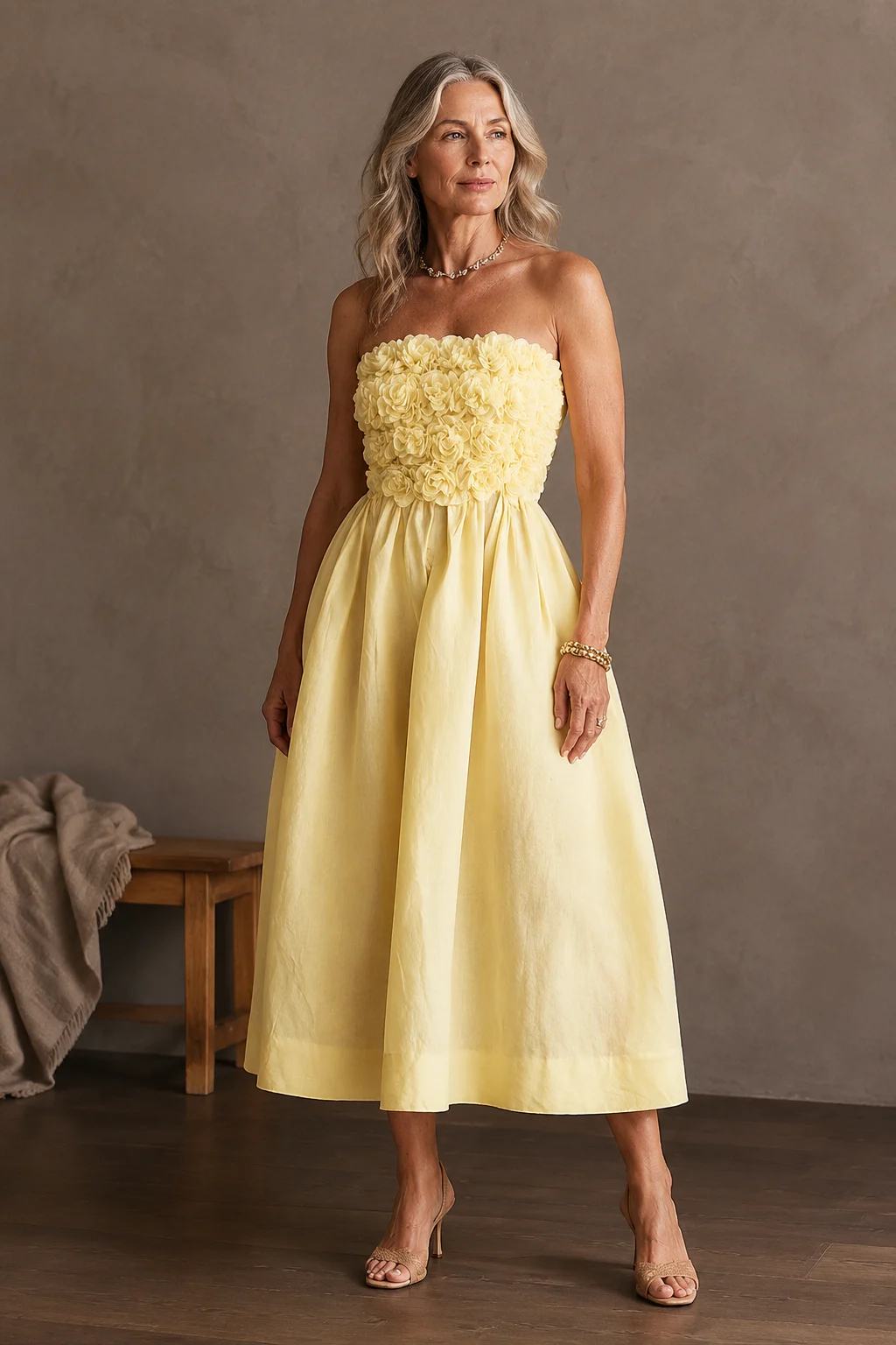 Full-length editorial image of Linen Blend Floral Applique Midi Dress