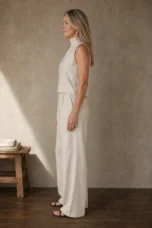 Linen Blend Mock Neck Trouser Set side view
