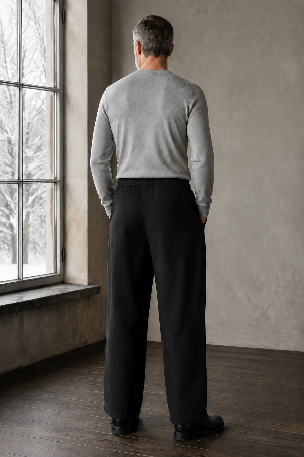 Linen Blend Wide Leg Drawstring Trousers - black back