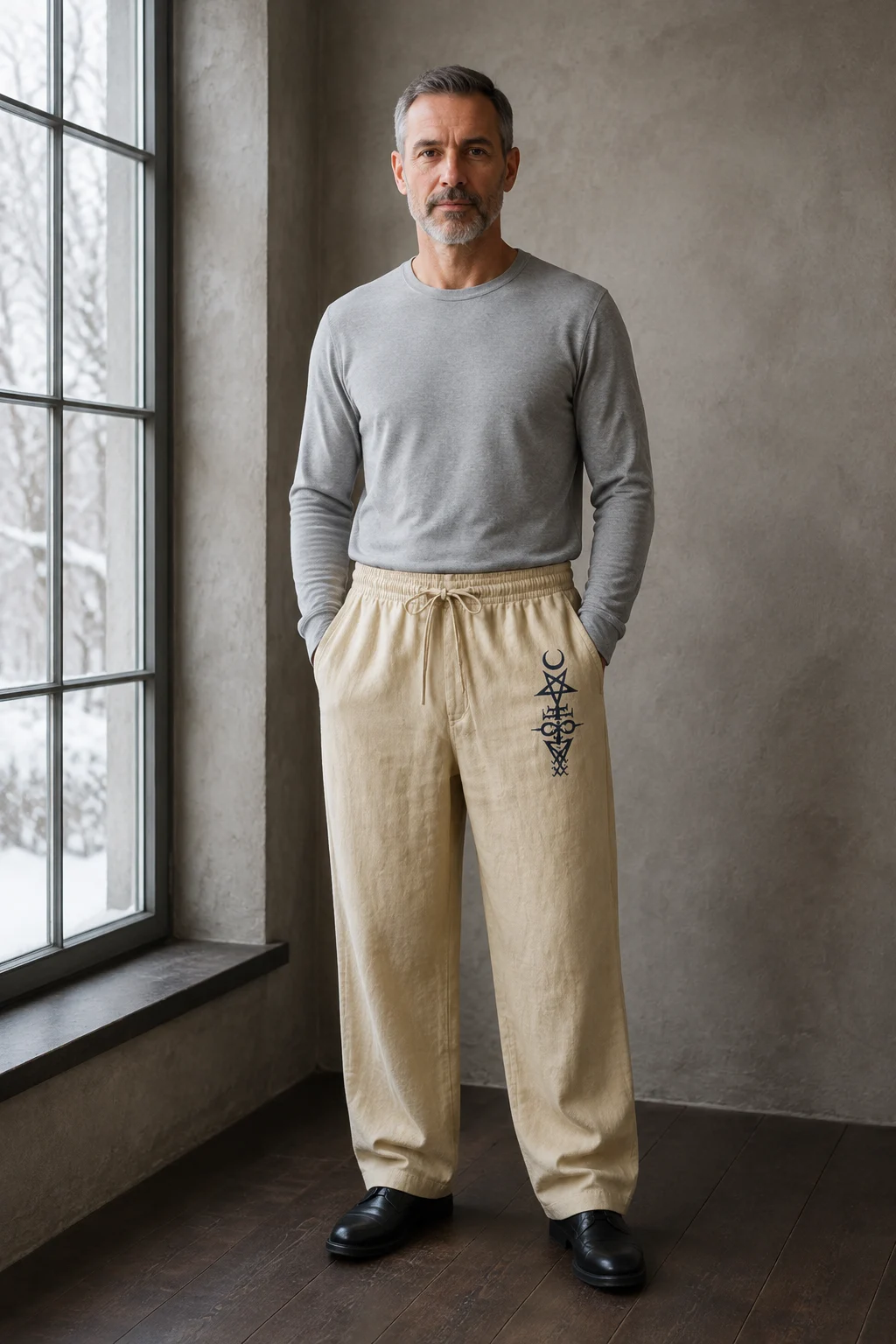 Linen Blend Wide Leg Drawstring Trousers - beige hero
