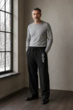 Linen Blend Wide Leg Drawstring Trousers - black front hero