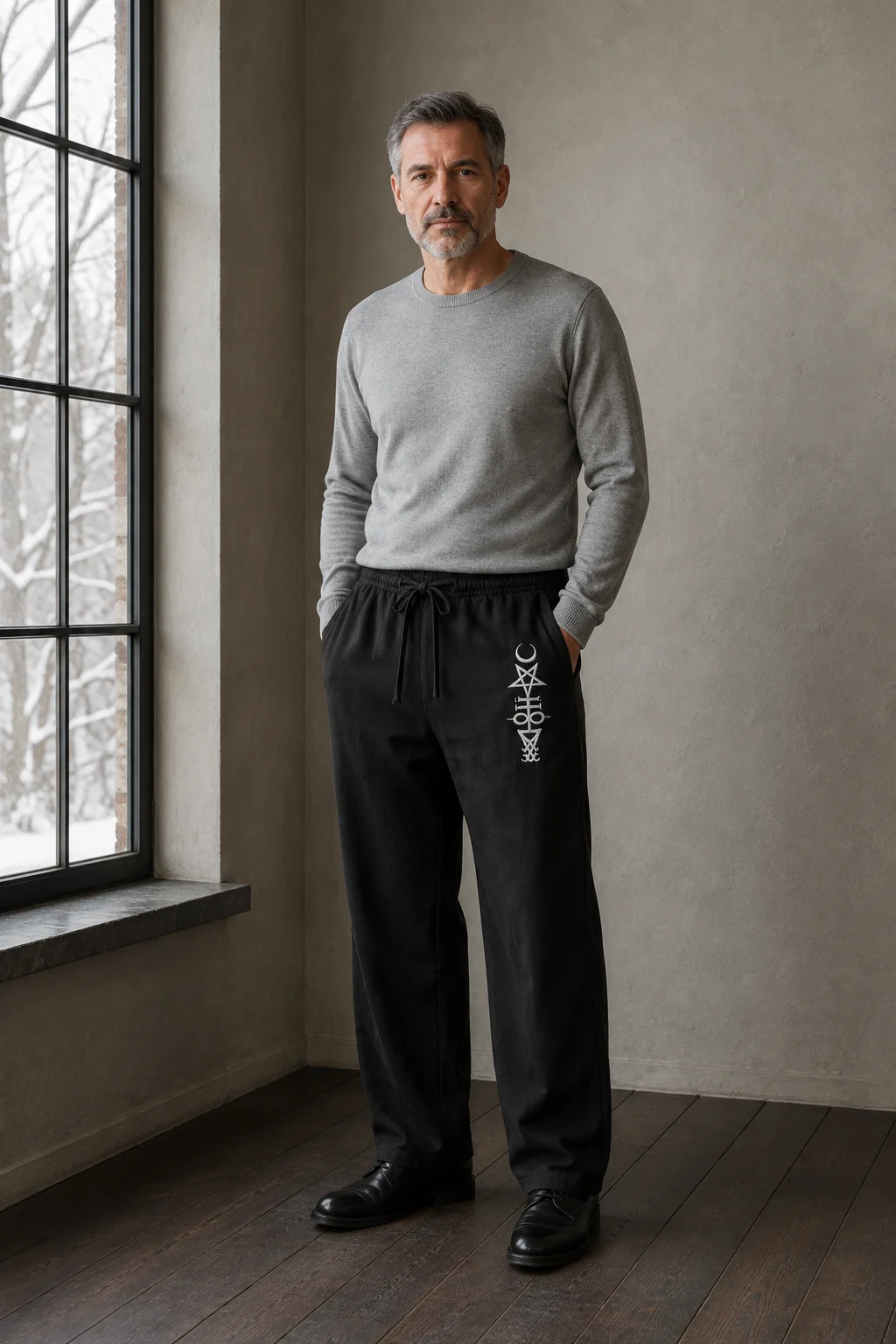 Linen Blend Wide Leg Drawstring Trousers - black front hero