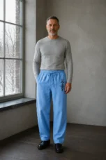 Linen Blend Wide Leg Drawstring Trousers - blue hero
