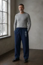 Linen Blend Wide Leg Drawstring Trousers - navy hero