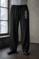 Linen Blend Wide Leg Drawstring Trousers - black waist to hem