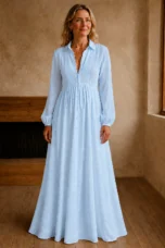 Long Sleeve Button Front Maxi Dress - Blue