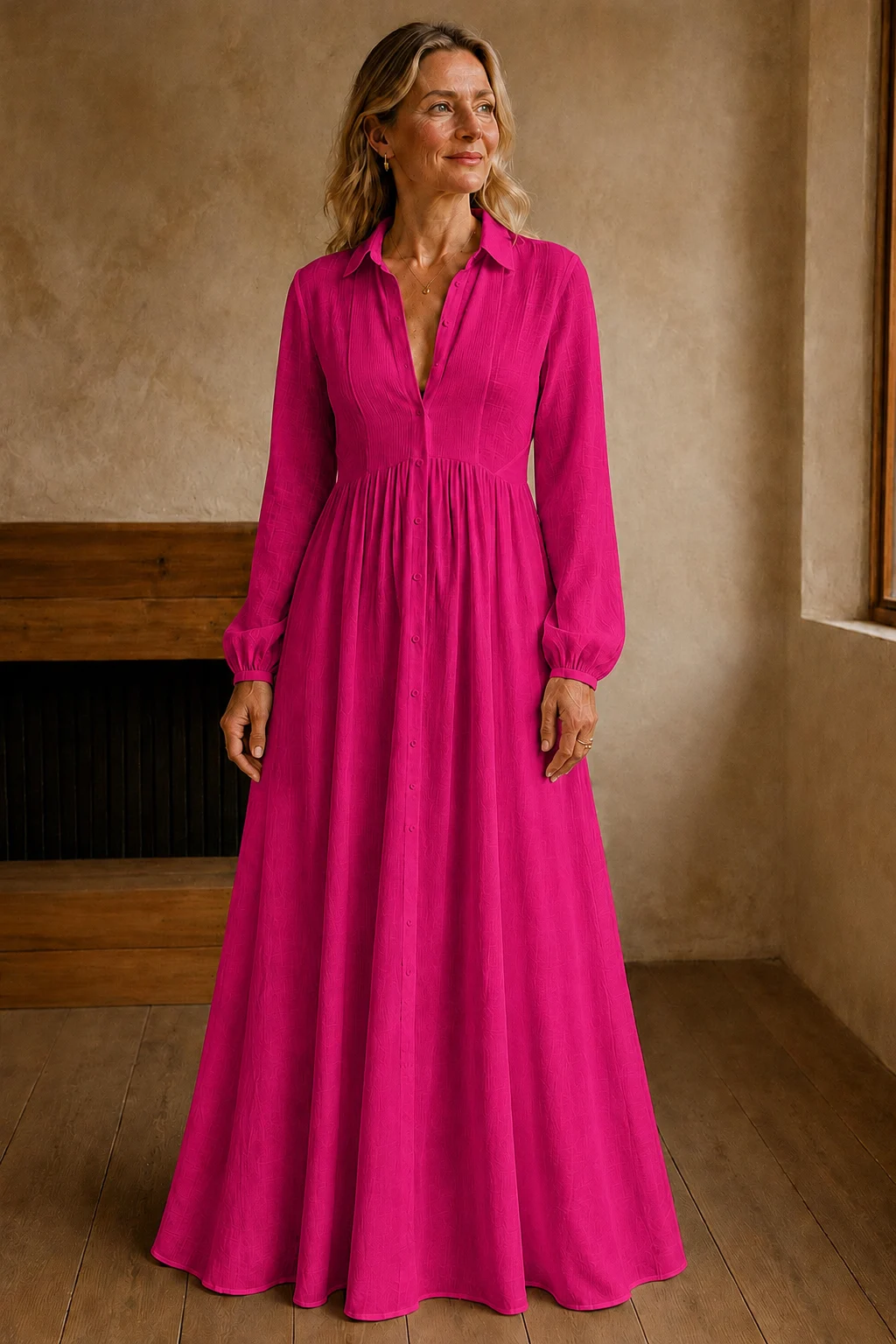 Long Sleeve Button Front Maxi Dress - Dark Pink