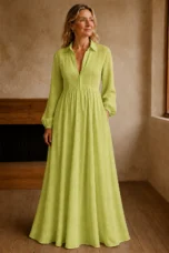 Long Sleeve Button Front Maxi Dress - Green