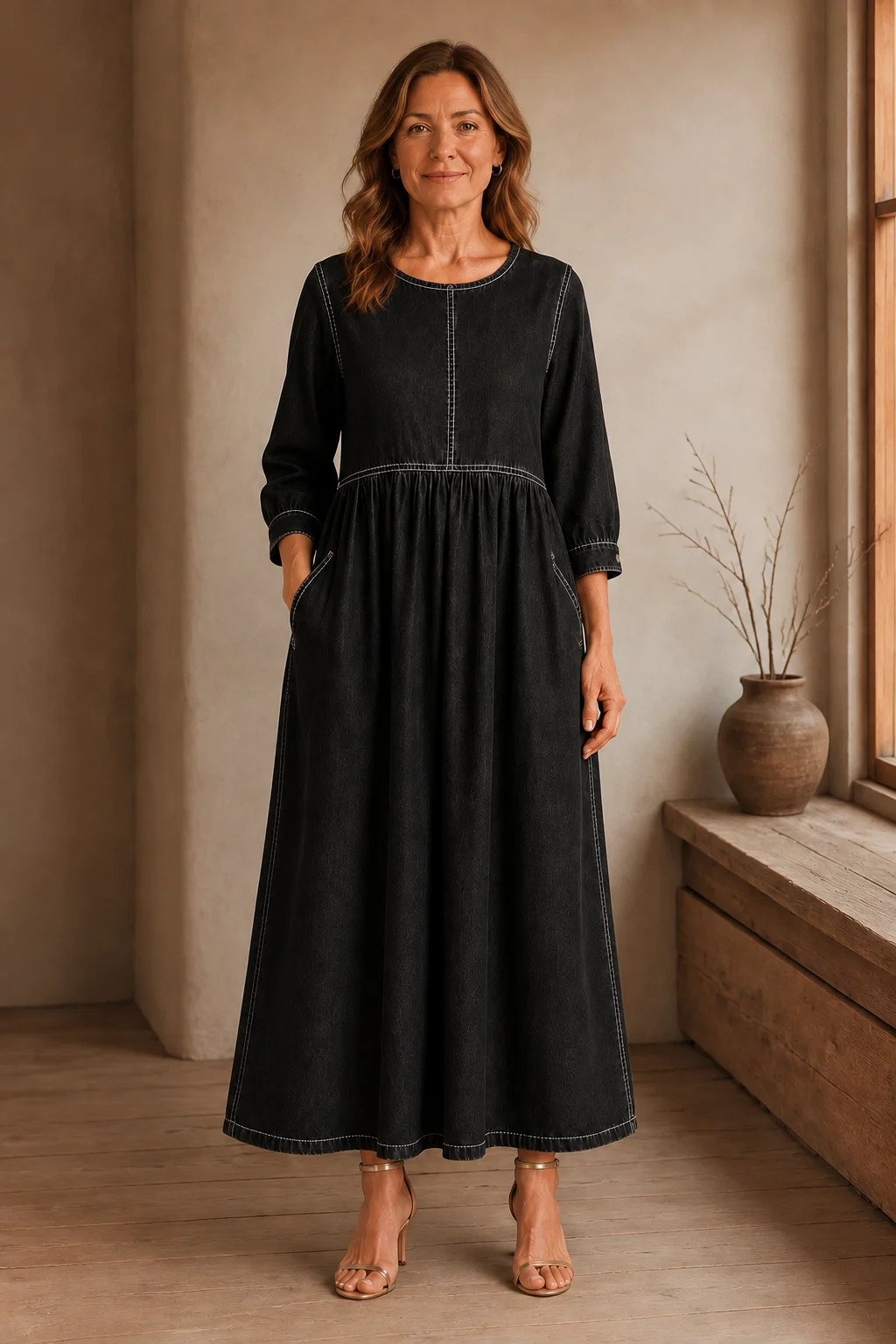 Long Sleeve Denim Maxi Dress - Black