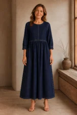 Long Sleeve Denim Maxi Dress - Navy