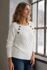 Madison | Square Neck Button Cable Knit Sweater - White