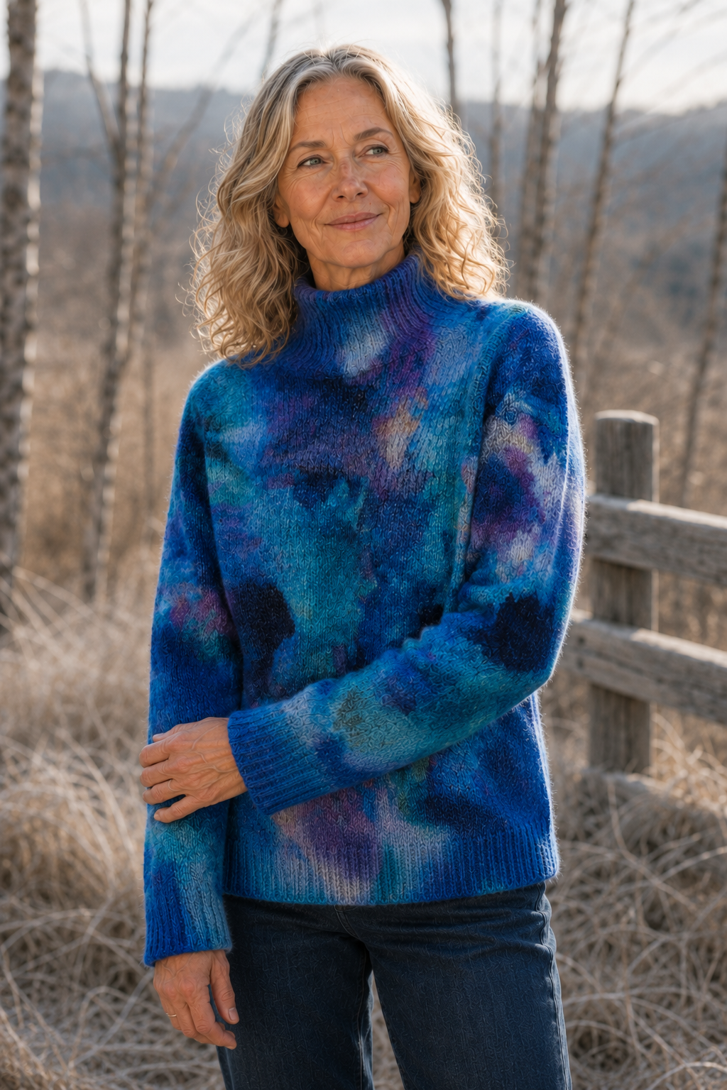 Marcia Stand Collar Turtleneck Sweater in blue, outdoor editorial view