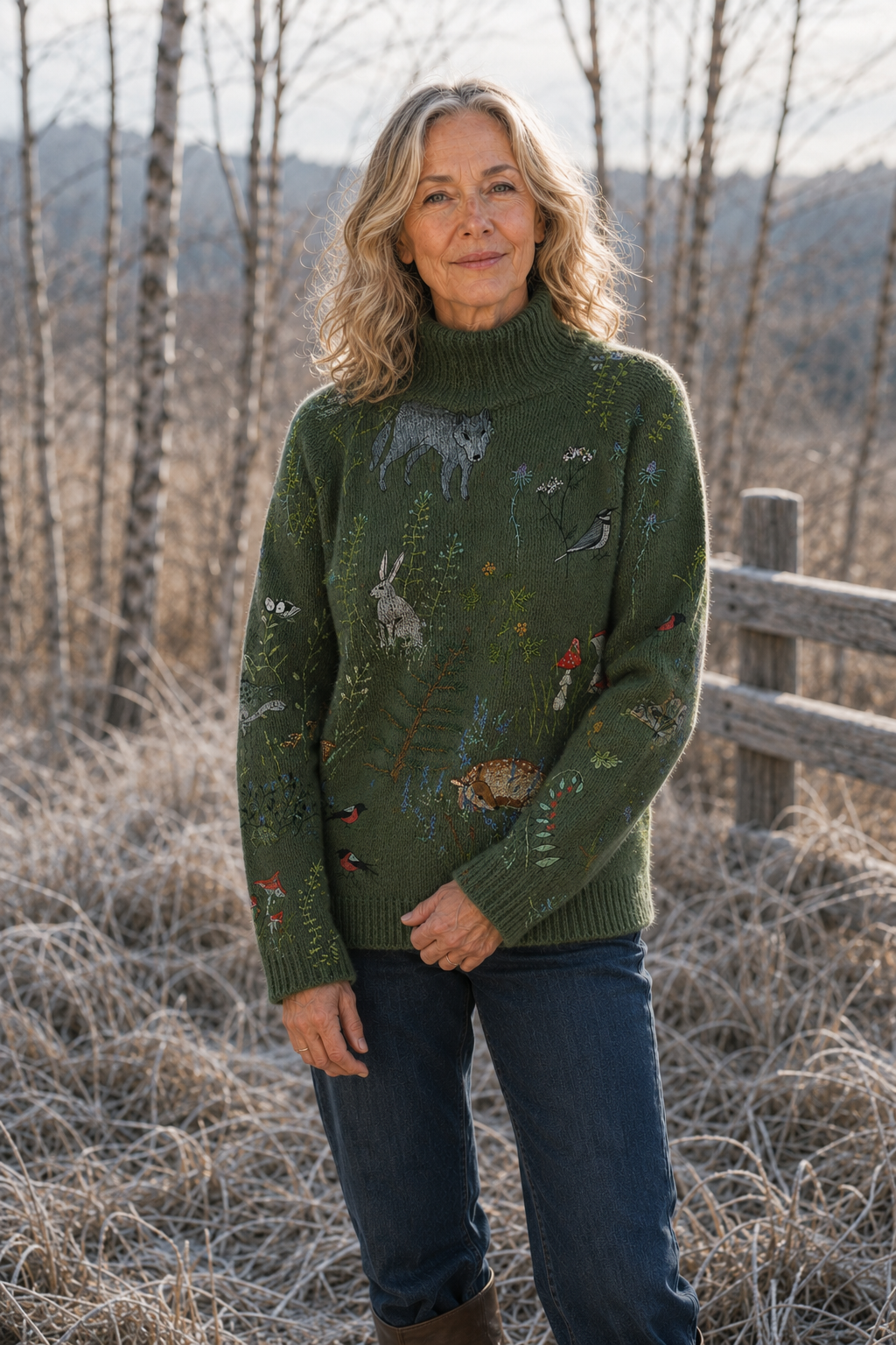 Marcia Stand Collar Turtleneck Sweater in green, outdoor editorial view