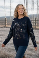 Marguerite 100% Merino Wool Pullover in navy, outdoor editorial view