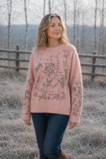 Marguerite 100% Merino Wool Pullover in pink, outdoor editorial view
