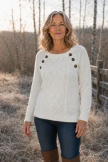 Martha decorative button cable knit sweater in white, outdoor editorial photograph