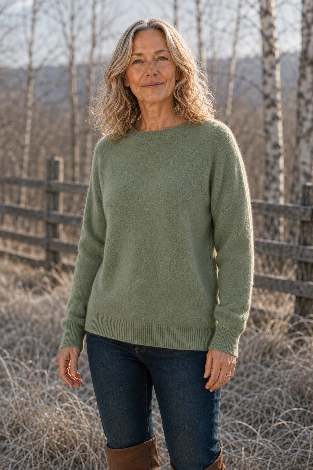 Maxine green heavy cotton knit sweater editorial photograph