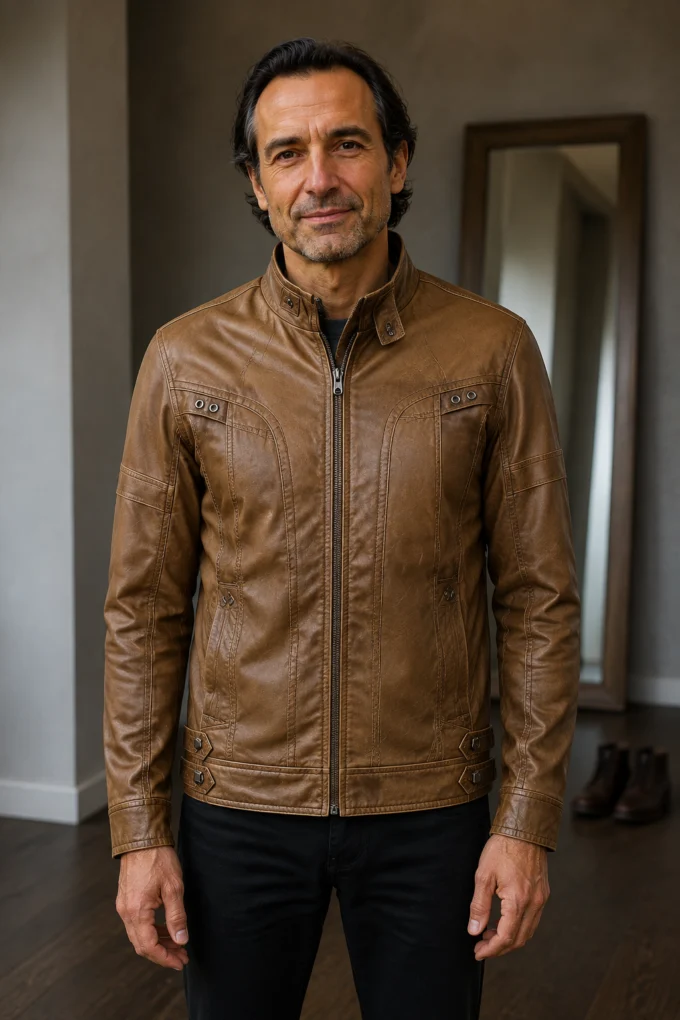 Men's Panelled Zip Front Biker Jacket - hero closed
