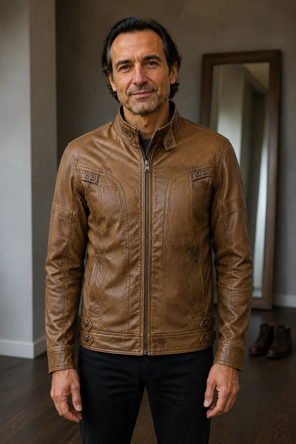 Men's Panelled Zip Front Biker Jacket - hero closed