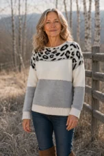 Meredith Muted Leopard Knit Sweater in grey, outdoor editorial view