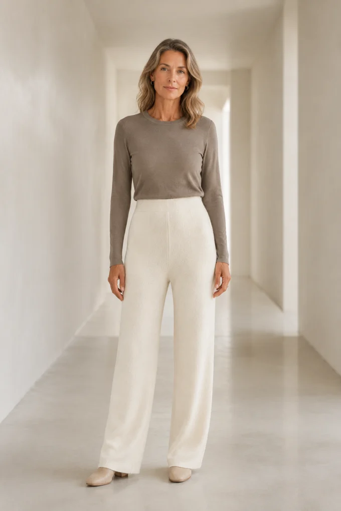 Ivory Merino Wool Wide Leg Knit Pants on a mature woman in an empty hallway