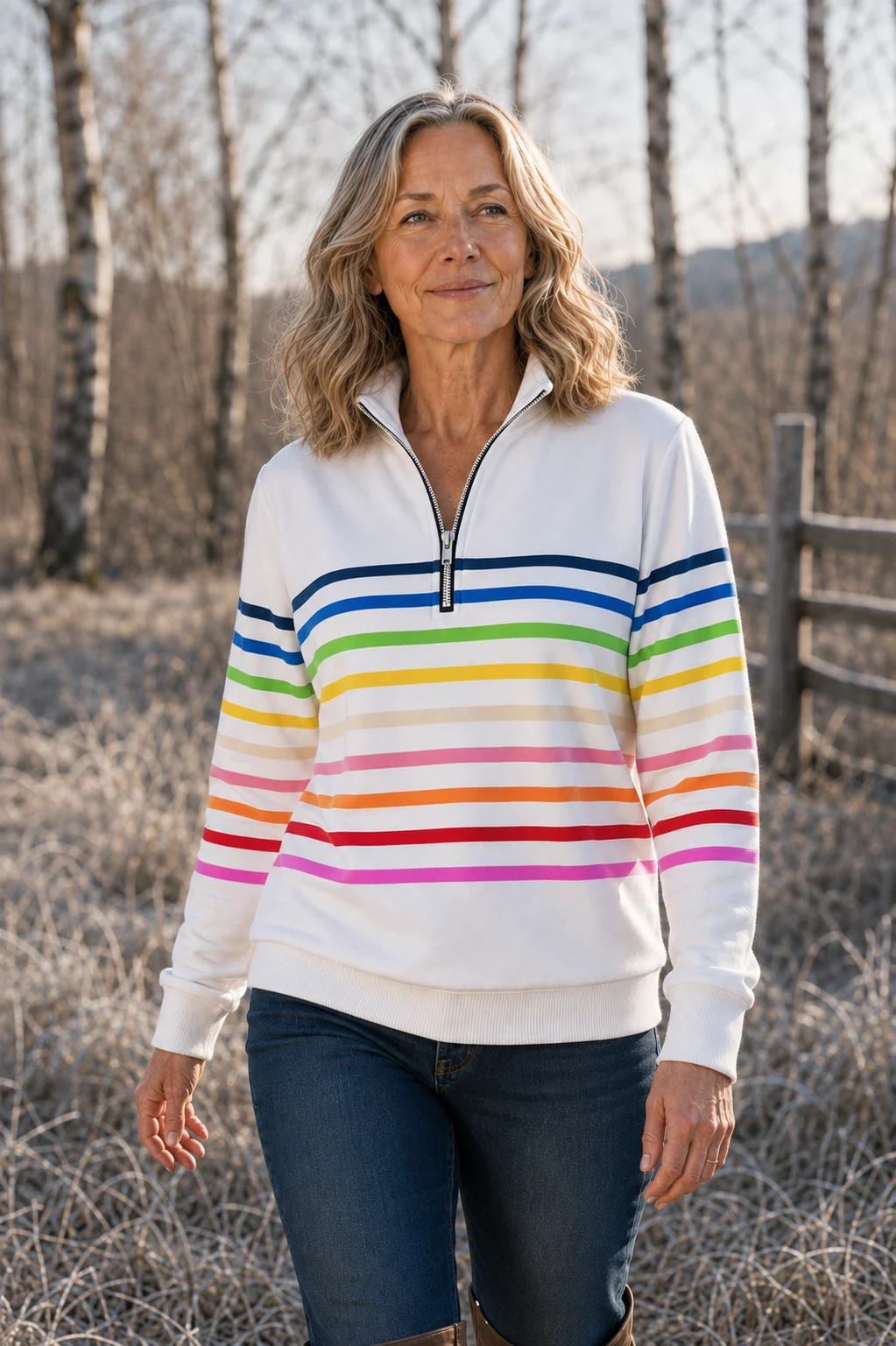 Mona quarter zip rainbow striped top in white, outdoor editorial photograph