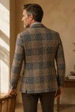 Brown plaid tweed blazer back view