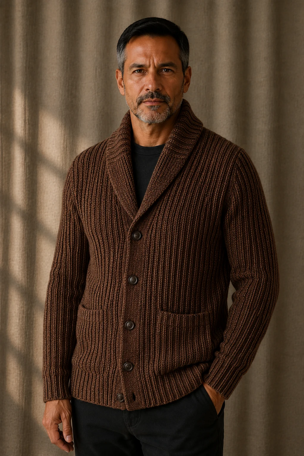 Chunky Cable Knit Shawl Cardigan - Brown