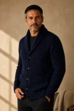 Chunky Cable Knit Shawl Cardigan - Navy Blue