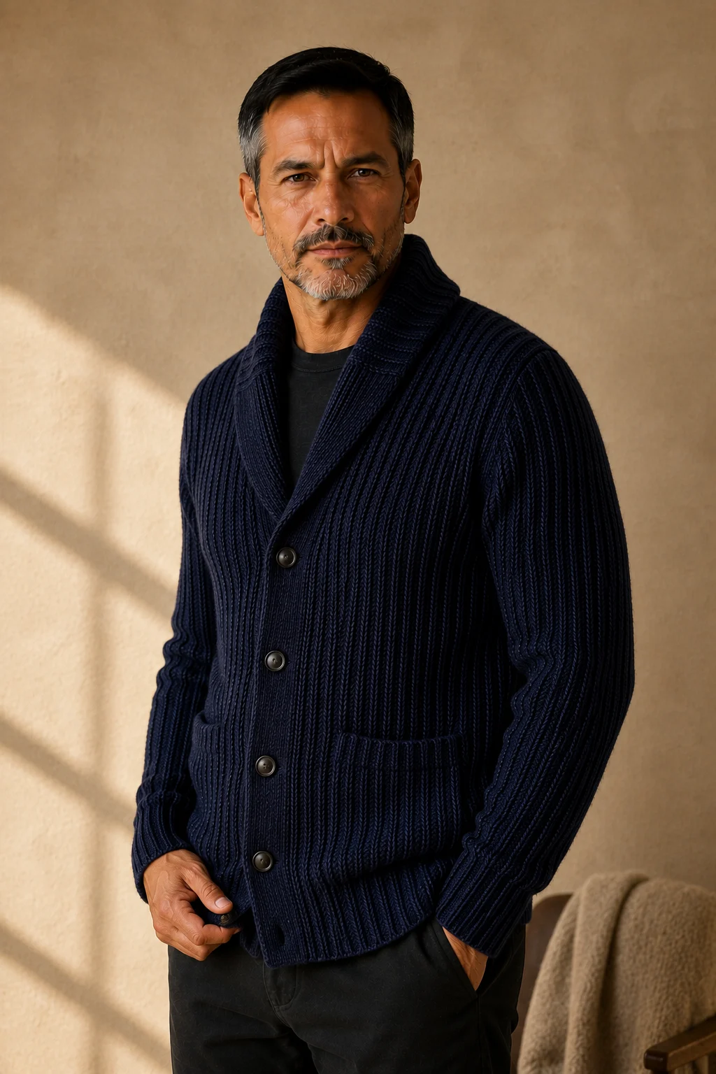 Chunky Cable Knit Shawl Cardigan - Navy Blue