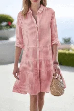 Delia | Striped Tiered Shirt Dress