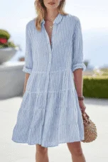 Delia | Striped Tiered Shirt Dress