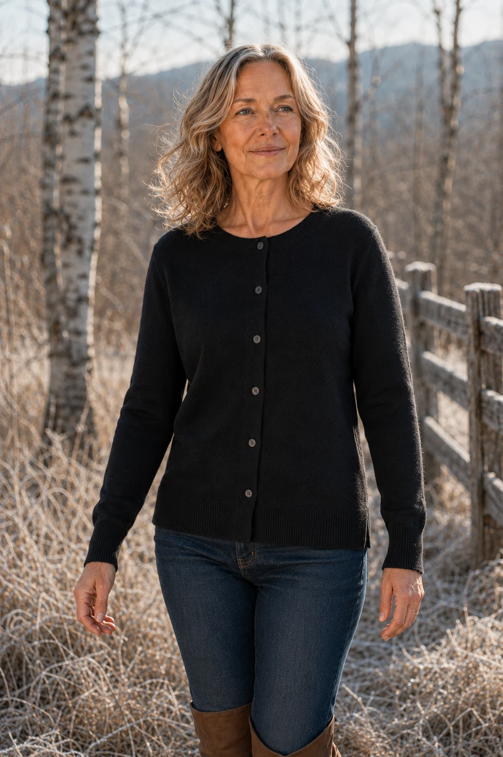 Nadege merino wool cardigan in black, outdoor editorial photograph