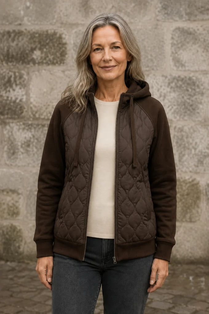 Natalie brown quilted hoodie jacket open matched background