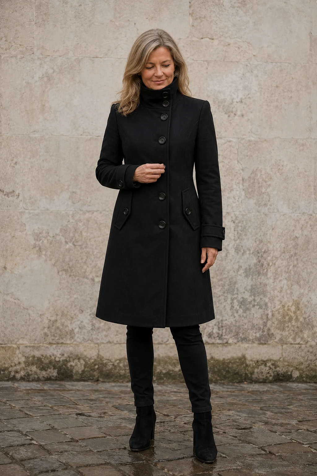 Odalie | Double-Breasted Funnel Coat - Black