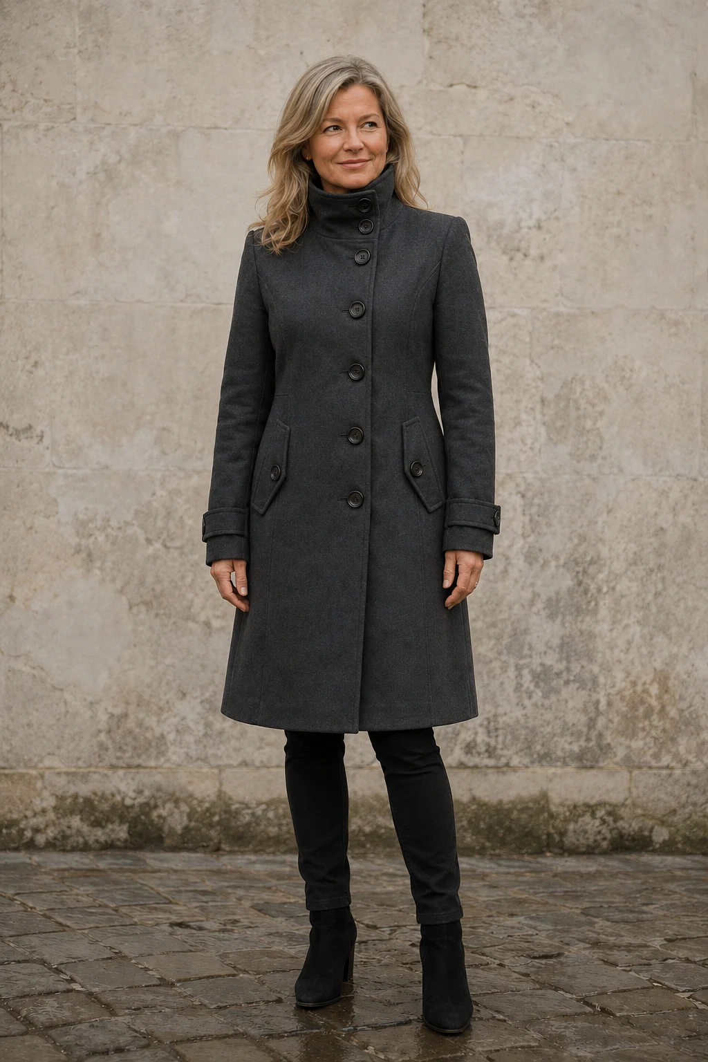 Odalie | Double-Breasted Funnel Coat - Dark Grey