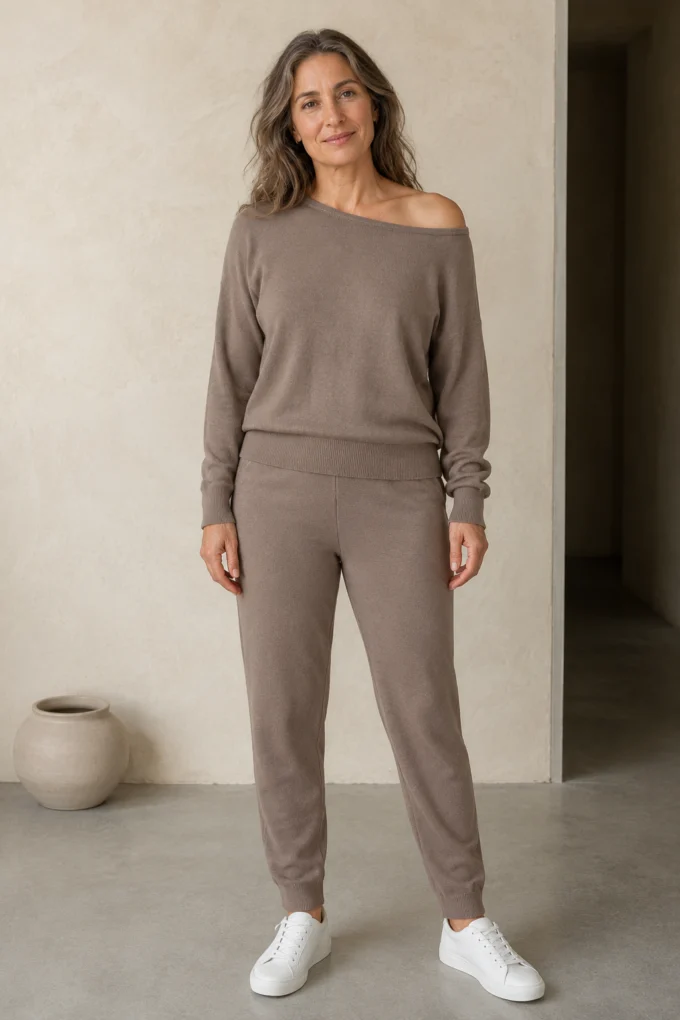 Full-length editorial image of Off Shoulder Knit Two Piece Set